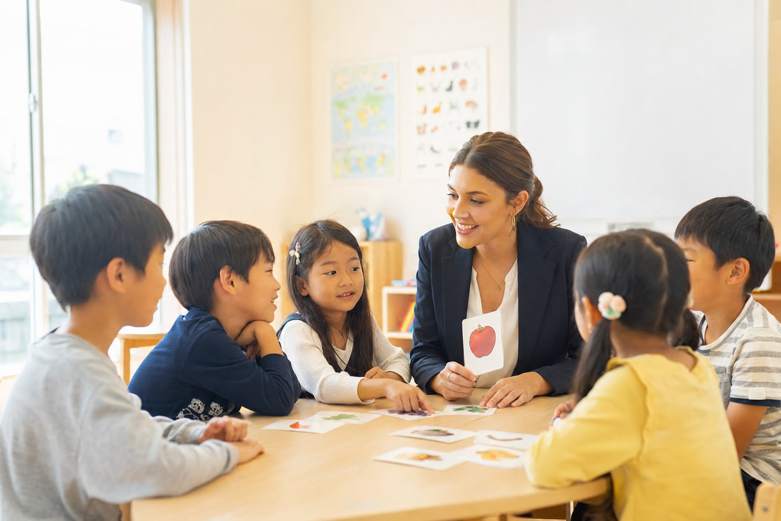 English teacher leading an engaging class with children in Japan